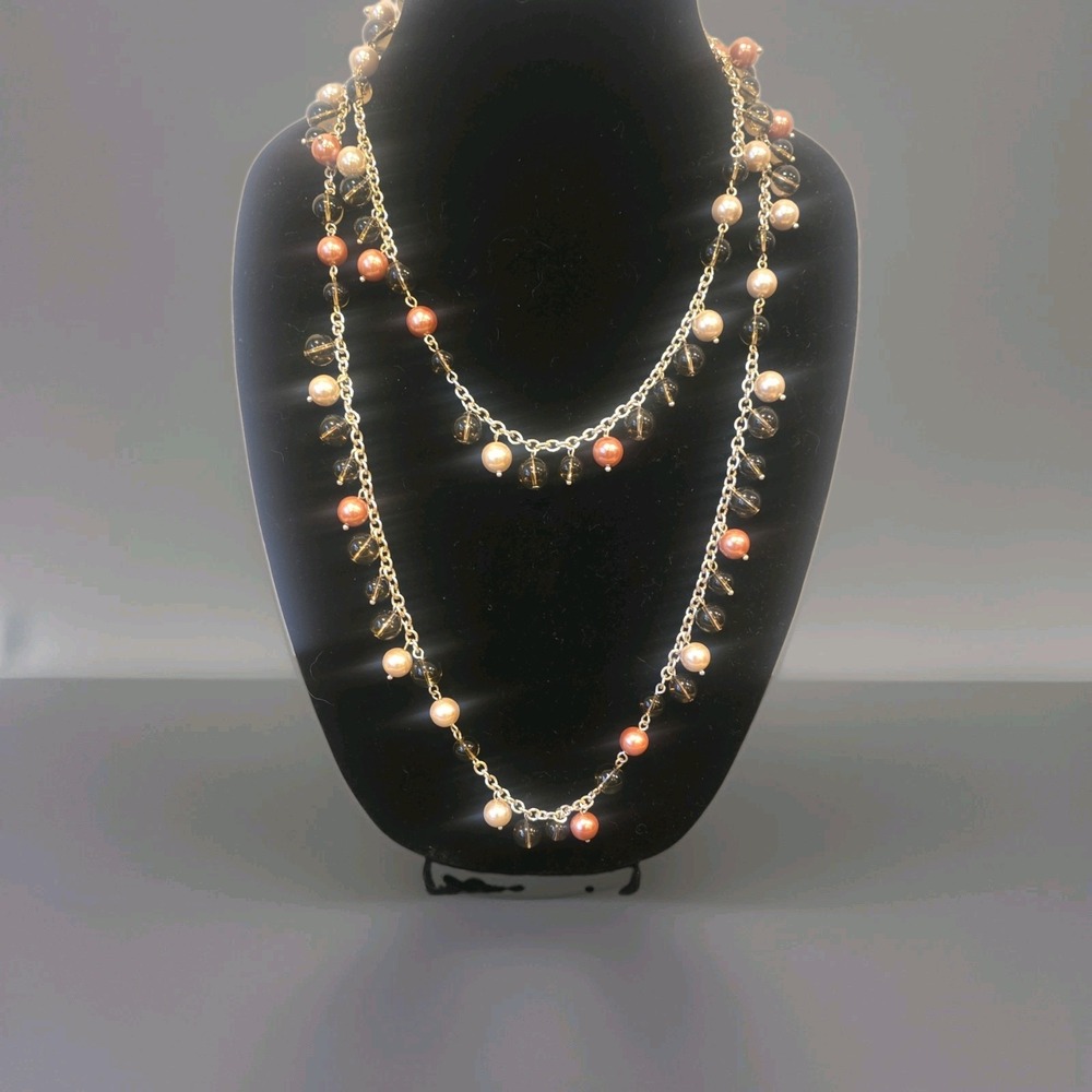 Vtg Joan Rivers Silver Tone Beaded Necklace 48" Faux Pearl beaded Signed